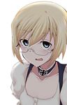 alternate_costume blonde_hair blue_eyes choker collarbone dirndl german_clothes glasses highres iron_cross looking_at_viewer nasubi4499 open_mouth semi-rimless_eyewear short_hair simple_background solo strike_witches upper_body ursula_hartmann white_background world_witches_series 