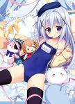  angora_rabbit bare_shoulders black_legwear blue_eyes blue_hair blush bunny character_doll competition_school_swimsuit eyepatch gochuumon_wa_usagi_desu_ka? hair_ornament hairclip hoto_cocoa jacket kafuu_chino long_hair looking_at_viewer nagayama_yuunon name_tag one-piece_swimsuit open_clothes open_jacket pillow rabbit_house_uniform ribbon school_swimsuit solo strap_slip stuffed_animal stuffed_bunny stuffed_toy swimsuit thighhighs tippy_(gochiusa) x_hair_ornament 