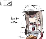  black_gloves blue_eyes bow bowtie brown_hair capelet cheese coffee coffee_mug commentary cup english food gloves graf_zeppelin_(kantai_collection) hat holding holding_cup holding_tray jitome kantai_collection melone_(melonenbrot) military military_uniform mug naval_uniform peaked_cap sandwich sidelocks simple_background solo steam timestamp tray twintails uniform white_background 