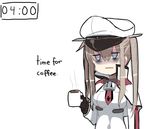  bags_under_eyes black_gloves blue_eyes bow bowtie brown_hair capelet coffee coffee_mug cup english exhausted gloves graf_zeppelin_(kantai_collection) hat holding holding_cup jitome kantai_collection melone_(melonenbrot) military military_uniform mug naval_uniform peaked_cap sidelocks simple_background solo steam timestamp tired twintails uniform white_background 