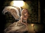  backlighting bangs bare_arms blonde_hair blue_eyes breasts brick cleavage dress expressionless flower glowing large_breasts light long_hair original rose rylsnow sitting solo stone_wall strapless strapless_dress swept_bangs wall white_dress white_flower white_rose white_wings wings 