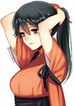  adjusting_hair black_hair blush from_side houshou_(kantai_collection) japanese_clothes kantai_collection long_hair ponytail ryuuki_(hydrangea) smile solo tasuki twitter_username tying_hair 