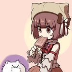  ? animal_ears bare_shoulders blush_stickers bow brown_eyes brown_hair cat detached_sleeves food hair_bow hat midriff muu_(mumumer) popsicle short_hair suspenders tears trembling yukico-tan yukijirushi 