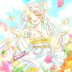  artist_name bishoujo_senshi_sailor_moon breasts cleavage closed_eyes crescent double_bun dress earrings facial_mark flower forehead_mark jewelry long_hair lowres medium_breasts open_mouth petals princess_serenity shirataki_kaiseki signature smile solo sunlight tsukino_usagi twintails upper_body white_dress white_hair 