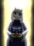 2015 absurd_res anthro caprine clothed clothing female food fur goat hi_res holding horn looking_at_viewer mammal monster mykegreywolf pie plate red_eyes smile solo toriel undertale video_games white_fur 