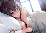  absurdres breasts brown_eyes brown_hair cherry_blossoms cleavage flower hair_between_breasts hair_flower hair_ornament highres holding_hands jewelry kantai_collection kappipe_(brd0520) large_breasts light light_smile long_hair looking_at_viewer lying nipples on_side petals pillow ring sidelocks solo_focus under_covers wedding_band window yamato_(kantai_collection) 