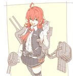  ahoge arashi_(kantai_collection) depth_charge gloves gun holding holding_gun holding_weapon kantai_collection machinery messy_hair necktie ninimo_nimo open_mouth pleated_skirt red_eyes red_hair school_uniform searchlight sketch skirt smile solo thighhighs turret vest weapon white_gloves 