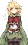  ahoge arms_behind_back bangs belt blonde_hair boots buckle cape closed_mouth corset cowboy_shot cross-laced_clothes earrings eyebrows eyebrows_visible_through_hair frilled_skirt frills granblue_fantasy green_cape green_skirt grey_legwear haruyuki_(yukichasoba) jewelry long_sleeves looking_at_viewer pantyhose short_hair simple_background skirt smile solo stitches swept_bangs teena_(granblue_fantasy) text_focus thigh_boots thighhighs white_background 