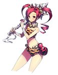  absurdres animal_print artist_request bandages beads club cropped_legs hair_bobbles hair_ornament highres holding keikonkei_folklore long_hair navel oni oni_horns red_eyes red_hair simple_background solo soulaki spiked_club tiger_print twintails weapon white_background 