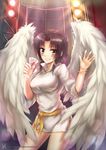  angel_wings belt black_hair blush borrowed_character bracelet breasts brown_eyes commentary cup dress drinking_glass jewelry large_breasts looking_at_viewer luzi original short_hair sidelocks smile solo stage_lights white_dress white_wings wine_glass wings 
