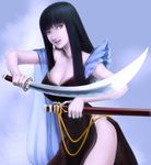  black_hair breasts brown_eyes cleavage cowboy_shot highres holding holding_sword holding_weapon katana large_breasts lips long_hair looking_at_viewer nose open_mouth original realistic scabbard sheath smile solo sword weapon yukinoboo 