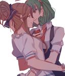  :d aoki_shizumi blush brown_eyes brown_hair earrings green_hair hair_ribbon hug idolmaster idolmaster_million_live! jewelry long_hair looking_at_another multiple_girls open_mouth ribbon school_uniform serafuku short_hair smile tenkuubashi_tomoka tokugawa_matsuri yuri 