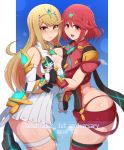  anniversary bare_shoulders blonde_hair breast_press breasts circlet cleavage commentary_request earrings elbow_gloves fingerless_gloves gloves highres hikari_(xenoblade_2) homura_(xenoblade_2) jewelry large_breasts long_hair nintendo ponpo red_eyes red_hair short_hair skindentation symmetrical_docking thick_thighs thigh_strap thighs xenoblade xenoblade_(series) xenoblade_2 yellow_eyes 