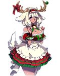  animal_ears antlers artist_request bangs bell blonde_hair blunt_bangs braid breasts christmas cleavage colored_eyelashes cowboy_shot dark_skin fake_horns folklorore_in_the_garden jingle_bell large_breasts long_hair official_art parted_lips pink_eyes reindeer_(folklorore_in_the_garden) reindeer_antlers ribbon skirt solo tail twin_braids 