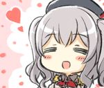  =_= beret blush closed_eyes commentary_request engiyoshi epaulettes grey_hair hat heart jacket kantai_collection kashima_(kantai_collection) kerchief long_hair military military_uniform open_mouth solo twintails uniform upper_body wavy_hair 