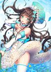  aqua_eyes brown_hair detached_collar detached_sleeves dress drill_hair floral_print frilled_dress frills hair_ornament image_sample long_hair looking_at_viewer original parted_lips petals pikatsu pixiv_sample solo strapless strapless_dress thighhighs very_long_hair white_legwear 