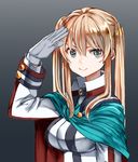  black_background blonde_hair breasts buttons cape collar gloves graf_zeppelin_(kantai_collection) green_eyes hair_between_eyes hand_on_forehead kantai_collection large_breasts long_hair long_sleeves looking_at_viewer luicent salute sidelocks simple_background smile solo uniform upper_body white_gloves 