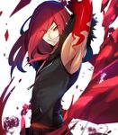  armpits blood carmine evil_grin evil_smile fang fur_collar grin hair_over_one_eye highres hoshino_kaoru long_hair male_focus red_eyes red_hair sleeveless smile solo under_night_in-birth 
