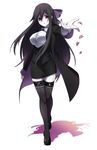  anima_(hoshino_kaoru) bad_id bad_pixiv_id black_hair black_legwear bow breasts coat earrings full_body garters hair_bow hoshino_kaoru jewelry lace lace-trimmed_thighhighs large_breasts long_hair original outstretched_arm pale_skin pencil_skirt petals pumps red_eyes shirt skirt solo thighhighs very_long_hair zettai_ryouiki 