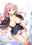  ajishio amira_(shingeki_no_bahamut) black_panties breasts breasts_outside collarbone commentary_request groin jacket_on_shoulders large_breasts long_hair md5_mismatch nipples panties panty_pull pink_eyes pink_hair revision shingeki_no_bahamut shingeki_no_bahamut:_genesis side-tie_panties smile solo underwear 