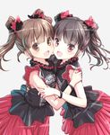  babymetal bangs bare_shoulders black_hair blunt_bangs brown_eyes brown_hair cheek-to-cheek commentary_request drill_hair haiiro hug kikuchi_moa lolita_fashion long_hair looking_at_viewer mizuno_yui multiple_girls mutual_hug scrunchie twin_drills twintails 