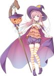  absurdres bracelet braid brave_girl_ravens breasts cape chain cleavage earrings french_braid full_body gradient_hair hat high_heels highres holding jack-o'-lantern jewelry kou_mashiro long_hair michelle_jiralbell multicolored_hair orange_legwear pink_hair pointy_shoes purple_cape purple_eyes purple_footwear shoes simple_background sleeveless small_breasts smile solo staff striped striped_legwear vertical_stripes white_background white_hair white_legwear witch_hat 