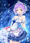  brown_eyes doyagao dress eva_16-gouki hair_ornament hairclip highres idolmaster idolmaster_cinderella_girls idolmaster_cinderella_girls_starlight_stage koshimizu_sachiko looking_at_viewer open_mouth purple_hair short_hair smile smug solo starry_sky_bright thighhighs 