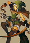  animal arrow belt belt_boots black_gloves boots bow_(weapon) braid breasts brown_eyes brown_footwear brown_legwear cloak david_xu dragon's_crown elf elf_(dragon's_crown) gloves hood leather leather_boots pointy_ears quiver short_hair shorts silver_hair simple_background small_breasts solo squirrel thigh_boots thighhighs twin_braids weapon 