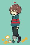  1other androgynous aqua_background brown_hair closed_eyes collared_shirt flower flowey_(undertale) frisk_(undertale) full_body green_background hair_between_eyes hand_in_pocket hands_in_pockets heart higa423 highres long_sleeves pants shirt shoelaces shoes simple_background sneakers striped striped_sweater sweater undertale white_shirt 
