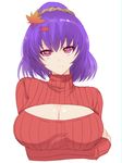  arm_grab autumn_leaves bad_id bad_pixiv_id breasts cleavage hair_bun head_tilt highres large_breasts looking_at_viewer meme_attire open-chest_sweater pink_eyes purple_hair red_shirt ribbed_sweater shiny shiny_hair shiny_skin shirt short_hair simple_background smile solo sweater touhou turtleneck upper_body white_background x&amp;x&amp;x yasaka_kanako 