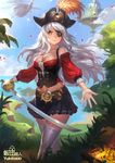  aircraft airship bare_shoulders belt breasts cleavage eyepatch floating_island frills hat_feather large_breasts long_hair original pirate pleated_skirt sanpuu_shiromizu silver_hair skirt smile solo thighhighs white_legwear wind yellow_eyes 