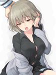  bad_id bad_pixiv_id bangs black_shirt black_skirt blazer bra breasts collarbone devil_survivor_2 eyebrows eyebrows_visible_through_hair grey_hair hair_tucking hakuleg hand_in_hair hand_on_another's_head hand_on_own_head jacket large_breasts long_sleeves megami_ibunroku_devil_survivor nitta_io off_shoulder open_mouth out_of_frame ribbon saliva school_uniform shirt short_hair simple_background sitting skirt solo_focus striped striped_ribbon suggestive_fluid teeth tongue tongue_out underwear white_background yellow_eyes 
