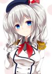  absurdres amane_tari blue_eyes breasts gloves hat highres kantai_collection kashima_(kantai_collection) large_breasts long_hair silver_hair smile solo twintails uniform wavy_hair 