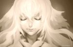  artist_name close-up closed_eyes collar expressionless face fairy_tail hair_between_eyes head_wings long_hair mavis_vermilion monochrome parted_lips rousteinire solo 