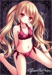  :o absurdres barefoot bikini blonde_hair blush circle_name collarbone cursive flat_chest floral_background frilled_bikini frills highres long_hair navel original plaid plaid_bikini red_bikini red_eyes scan side-tie_bikini sitting solo swimsuit tinker_bell twintails very_long_hair wariza 