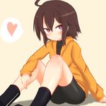  afushiru_wa_kugi ahoge bike_shorts blush boots brown_hair flat_chest heart hood hoodie linne orange_shirt purple_eyes shirt sitting solo spoken_heart turtleneck under_night_in-birth 