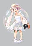  bike_shorts domino_mask dress fangs full_body hat heart heart-shaped_pupils heavy_splatling_(splatoon) inkling mask open_mouth pink_eyes pink_hair pointy_ears see-through shoes shorts_under_dress smile sneakers solo splatoon_(series) splatoon_1 super_soaker symbol-shaped_pupils tentacle_hair twitter_username white_dress yoru_(kayoru) 