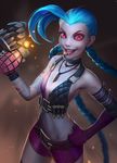  :p ahoge bare_shoulders belt blue_hair braid bullet_necklace explosive fingerless_gloves flat_chest gloves grenade hand_on_hip highres huge_ahoge jinx_(league_of_legends) league_of_legends long_hair nail_polish navel nikonov_aleksand red_eyes short_shorts shorts smile solo tattoo thighs tongue tongue_out twin_braids very_long_hair 