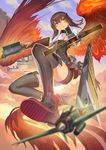  1girl aircraft airplane black_thighhighs boots breasts brown_eyes brown_hair chinese_commentary cloud commentary_request day flying full_body kantai_collection looking_away madyy partial_commentary photoshop_(medium) sky small_breasts smile solo taihou_(kancolle) thighhighs wings 