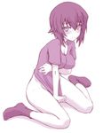  blush bottomless breast_hold breasts clothes_removed commentary_request full_body girls_und_panzer looking_at_viewer monochrome neo_niito_(neoneet_v7) nishizumi_maho no_shoes shirt shirt_tug short_hair sitting socks solo tearing_up tears wariza 