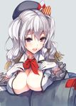  blue_eyes breasts center_opening cleavage gloves hat highres kantai_collection kashima_(kantai_collection) konkito large_breasts long_hair military military_uniform open_clothes silver_hair smile solo twintails uniform wavy_hair 