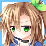  blush bow brown_hair close-up face green_eyes hair_bow hair_ornament if_(choujigen_game_neptune) long_hair looking_at_viewer neptune_(series) solo whitey 