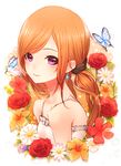  ariinine bare_shoulders blush bug butterfly closed_mouth earrings flower highres insect jewelry long_hair orange_hair original portrait purple_eyes rose smile solo twintails 