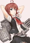  :o ahoge arashi_(kantai_collection) arms_behind_head arms_up belt black_skirt buttons collared_shirt cowboy_shot grey_eyes kantai_collection machinery necktie open_clothes open_vest pallad parted_lips pink_background pleated_skirt red_hair red_neckwear shirt simple_background skirt solo unbuttoned vest white_shirt 