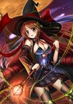  black_legwear breasts cleavage garter_straps hat highres holding holding_weapon large_breasts long_hair magic moon open_mouth original outdoors purple_skirt red_eyes red_hair shibata_rai sideboob skirt sky solo staff thighhighs weapon witch_hat 