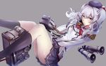  beret binoculars buttons epaulettes gloves grey_background hat jacket kantai_collection kashima_(kantai_collection) kerchief legs looking_at_viewer machinery military military_uniform miniskirt pokimari sidelocks silver_hair simple_background skirt socks solo tsurime twintails uniform wavy_hair white_gloves 