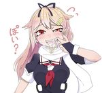  bad_id bad_pixiv_id blonde_hair breasts fangs hair_flaps hair_ornament hairclip kantai_collection kodachi_(kuroyuri_shoukougun) long_hair medium_breasts open_mouth poi red_eyes remodel_(kantai_collection) saliva scarf school_uniform solo translated white_scarf yuudachi_(kantai_collection) 