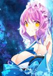  blush breasts cherry_blossoms cleavage detached_sleeves flower hair_flower hair_ornament highres japanese_clothes large_breasts pink_hair roh_nam_kyung saigyouji_yuyuko short_hair smile solo touhou water yellow_eyes 