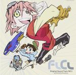  1girl album_cover backwards_hat baseball baseball_cap baseball_mitt bass_guitar blue_eyes boots broken_glass canti copyright_name cover flcl glass gloves goggles goggles_on_head guitar haruhara_haruko hat hood hoodie imaishi_hiroyuki instrument nandaba_naota pink_hair rickenbacker robot scarf shorts speed_lines yellow_eyes 