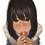  absurdres blurry brown_eyes brown_hair carrot depth_of_field eyelashes face fingernails food food_in_mouth from_above highres holding holding_food looking_at_viewer looking_up original school_uniform sexually_suggestive solo yomu_(sgt_epper) 